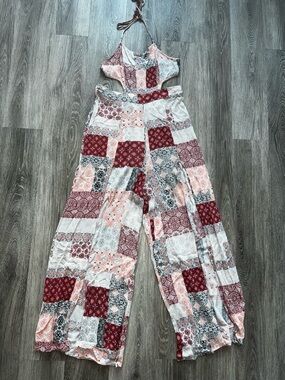 Lizard Thicket Patchwork Halter Wide-Leg Jumpsuit in Burgundy & Blush